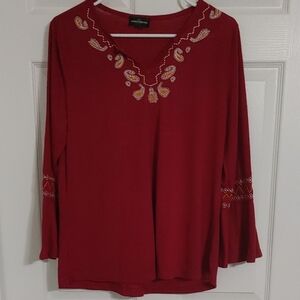 Karen Brooks Bohemian V-Neck Top Women's sz Md-Lg Deep Red Bell Sleeves EUC